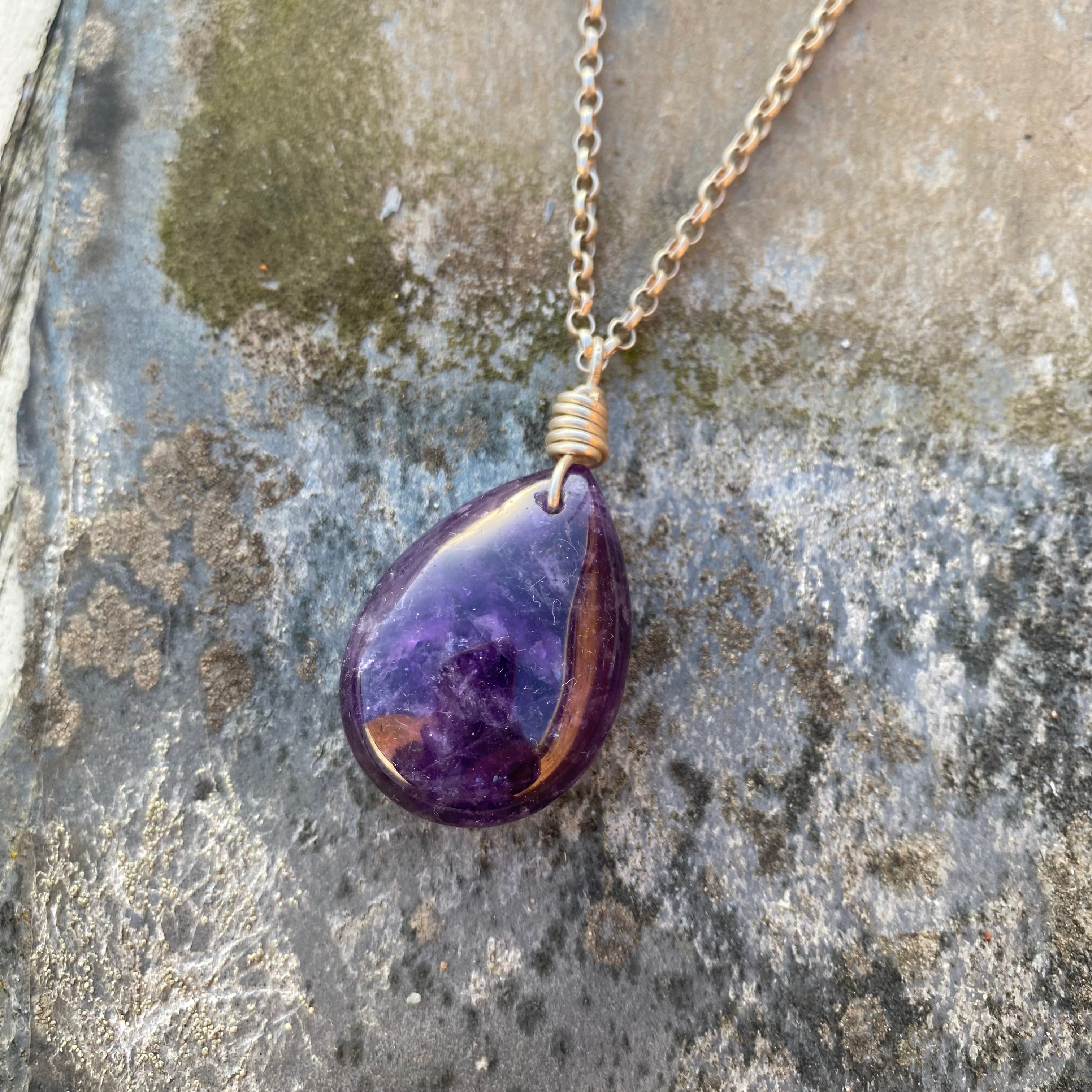 Amethyst Teardrop Necklace - Sterling Silver Belcher Chain - Natural Crystal - February