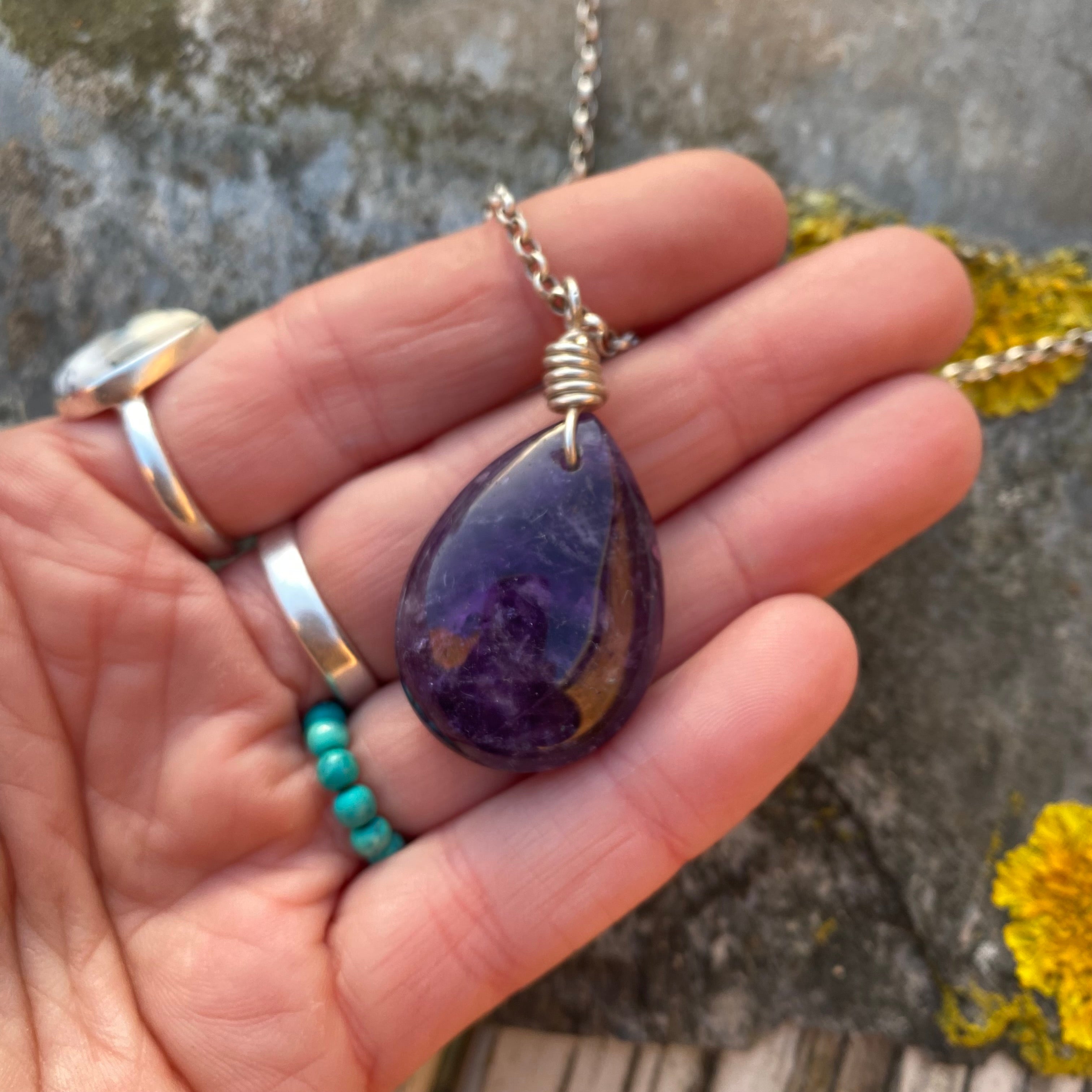 Amethyst Teardrop Necklace - Sterling Silver Belcher Chain - Natural Crystal - February