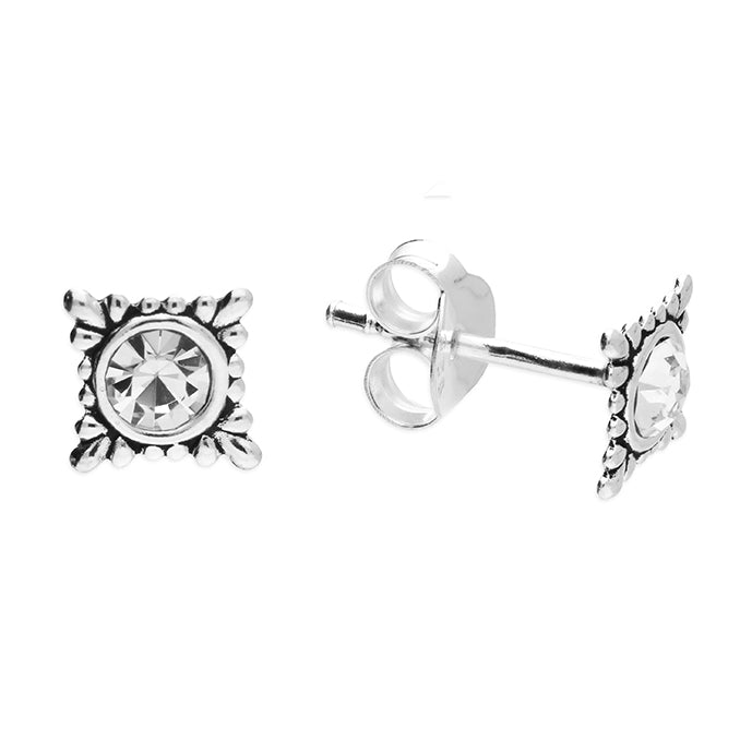 Crystal Petal Square Earrings - Cubic Zirconia and Sterling Silver Studs