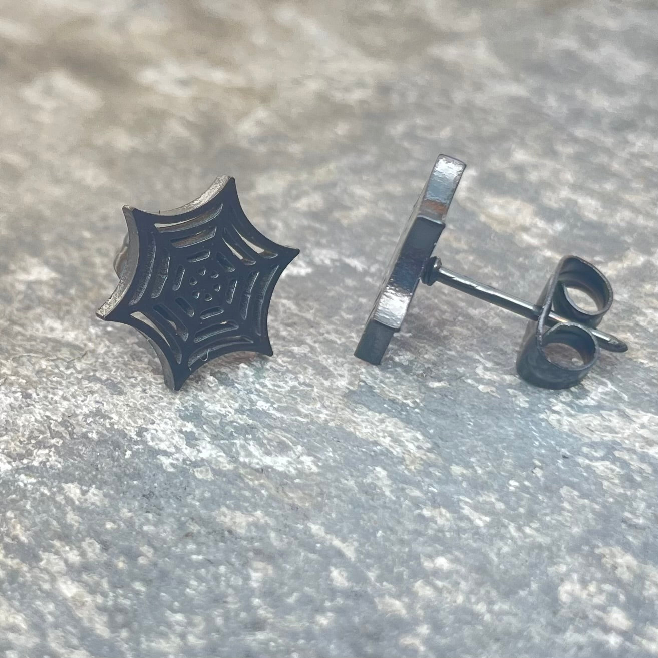 Cobweb Stud Earrings - Black - Stainless Steel