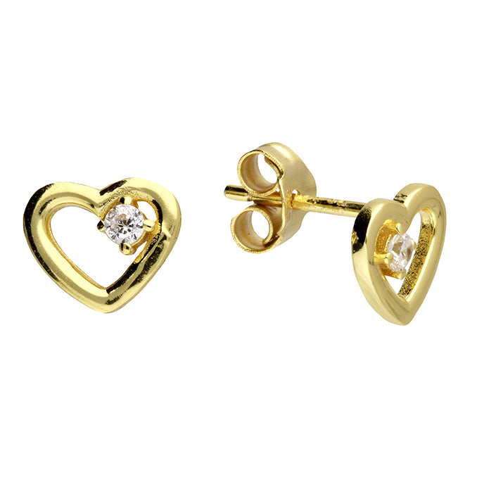 Heart and Crystal Earrings - Gold plated Sterling Silver Studs