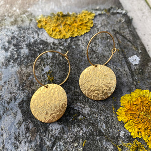 Full moon hoop earring - brass textures disc dangle from brass hoops 