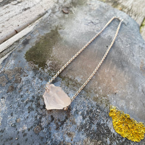 Raw Rose Quartz Crystal Necklace - Silver