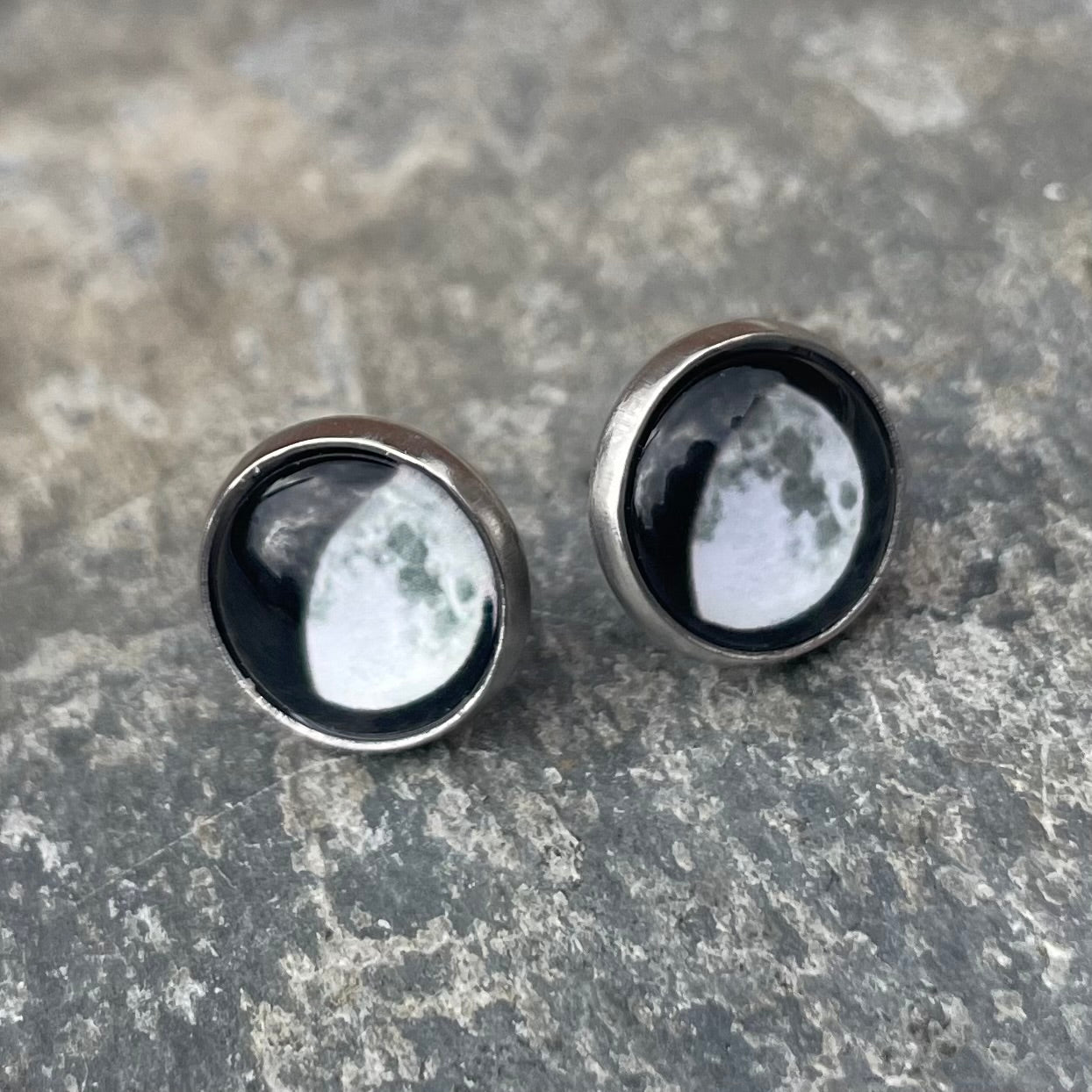 Moon Phase Stud Earrings - Silver - Stainless Steel