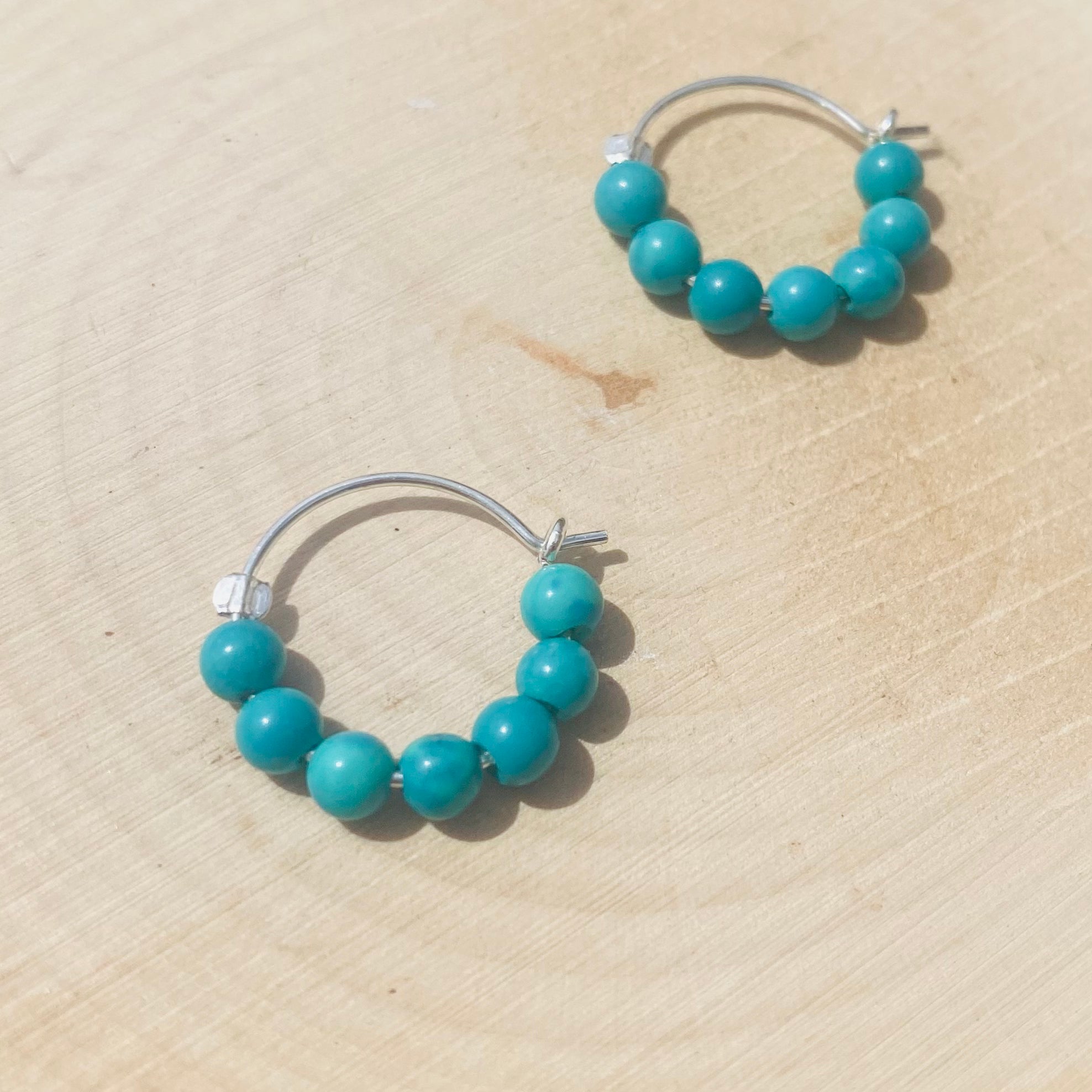 Turquoise Hoop Earrings - Small Sterling Silver Huggies - December Birthstone
