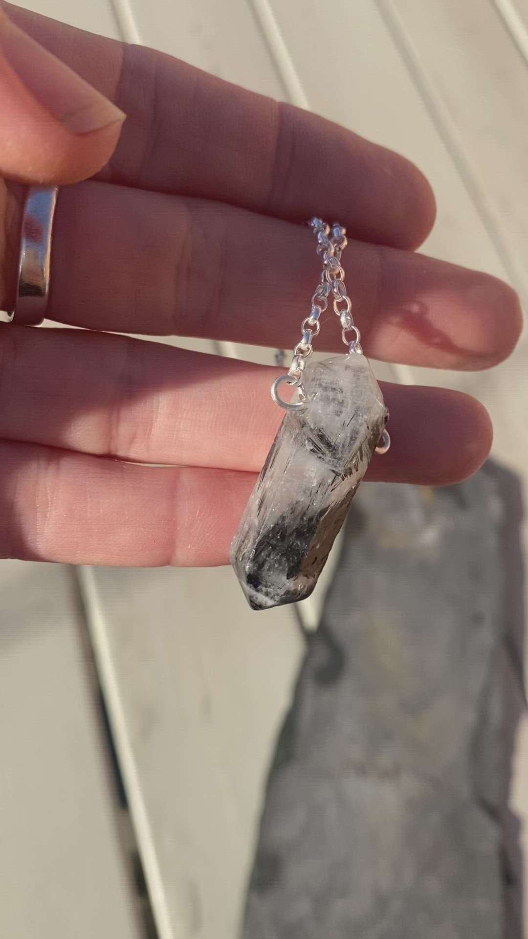 Tourmalinated Quartz Necklace - Sterling Silver Belcher Chain - Natural Crystal Jewellery