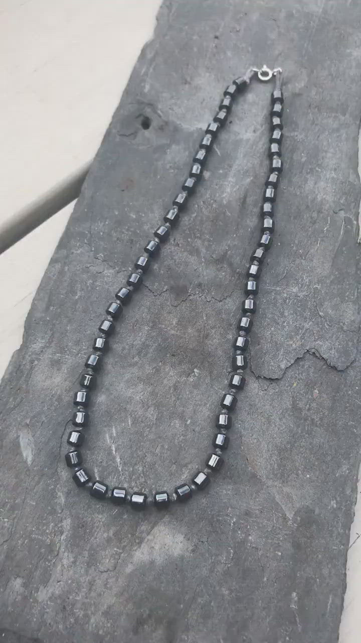 Men’s Jewellery Hematite Crystal Necklace - Grey Waxed Cotton and Sterling Silver Gemstone Necklace - 19” Length