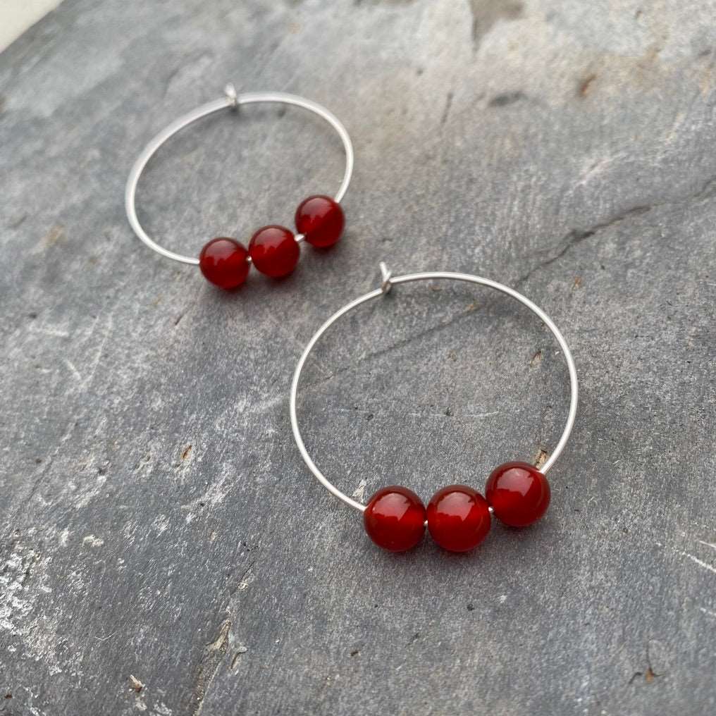 Carnelian Gemstone Earrings - Sterling Silver Hoops - July Birthstone