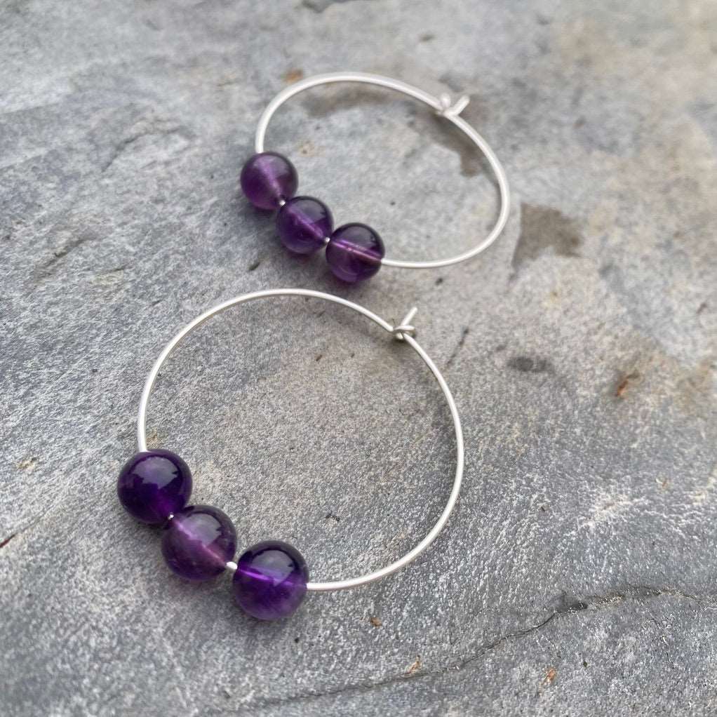 Amethyst Gemstone Earrings - Sterling Silver Hoops - February Birthstone