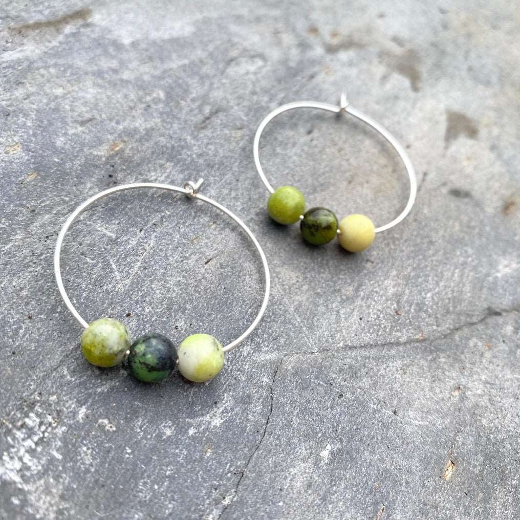 Chrysoprase Gemstone Earrings - Sterling Silver Hoops - May Birthstone