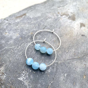 Aquamarine Gemstone Earrings - Sterling Silver Hoops - March Birthstone