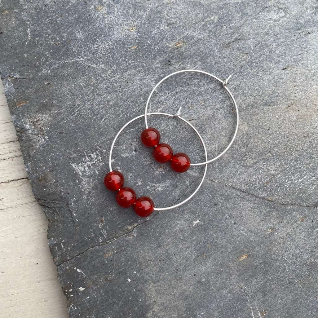 Carnelian Gemstone Earrings - Sterling Silver Hoops - July Birthstone