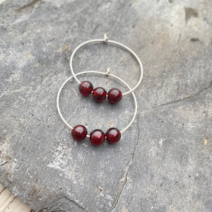 Garnet Gemstone Earrings - Sterling Silver Hoops - January Birthstone Gemstone Crystal