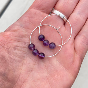 Amethyst Gemstone Earrings - Sterling Silver Hoops - February Birthstone