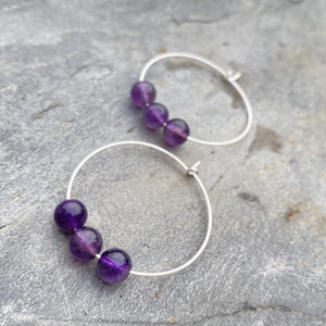 Amethyst Gemstone Earrings - Sterling Silver Hoops - February Birthstone