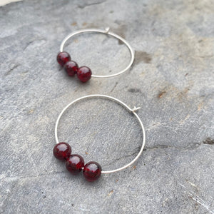 Garnet Gemstone Earrings - Sterling Silver Hoops - January Birthstone Gemstone Crystal