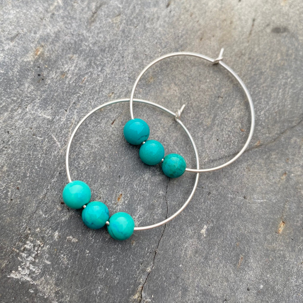 Turquoise Gemstone Earrings - Sterling Silver Hoops - December Birthstone Jewellery