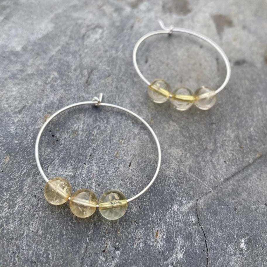 Citrine Gemstone Earrings - Sterling Silver Hoops - November Birthstone