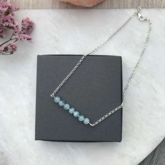 Aquamarine - Sterling Silver Bar Necklace -March Birthstone Jewellery