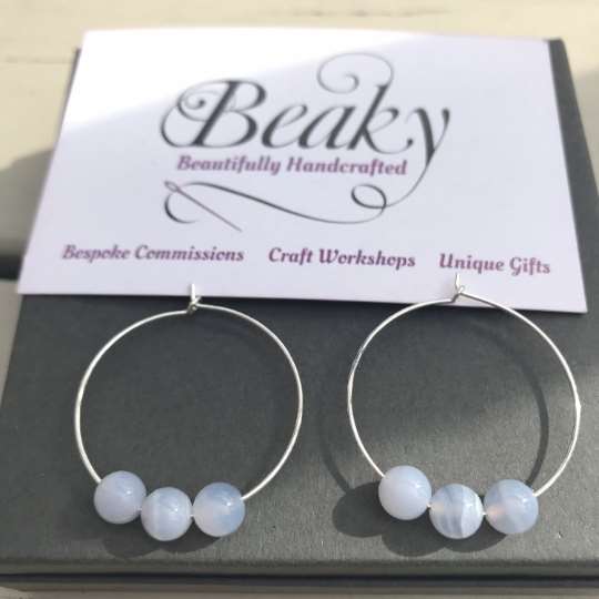 Blue Lace Agate Gemstone Earrings - Sterling Silver Hoops