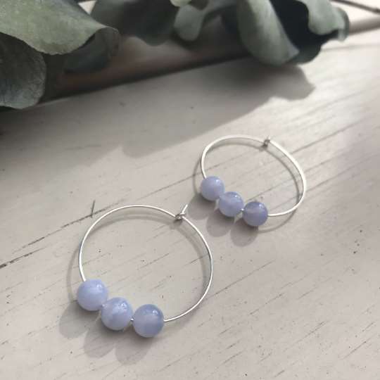 Blue Lace Agate Gemstone Earrings - Sterling Silver Hoops