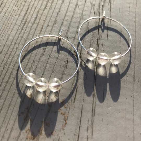 Clear Quartz Gemstone Earrings - Sterling Silver Hoops - April Birthstone