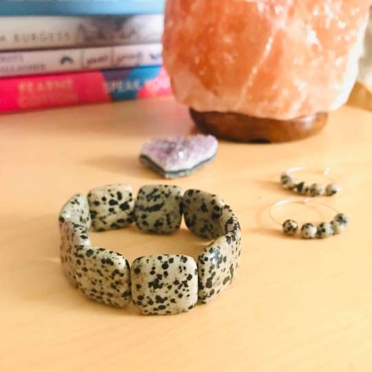 Dalmatian Jasper Bracelet - Chunky Square Gemstone Coin Beads - Crystal Healing Jewellery