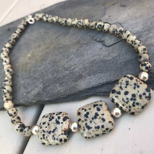 Dalmatian Jasper Necklace - Chunky Square Beads and Sterling Silver Choker