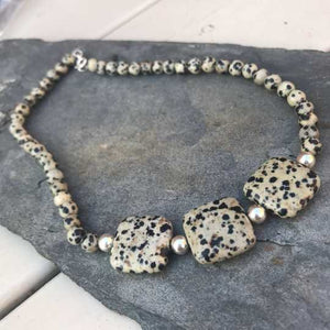 Dalmatian Jasper Necklace - Chunky Square Beads and Sterling Silver Choker