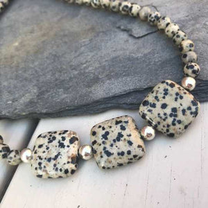Dalmatian Jasper Necklace - Chunky Square Beads and Sterling Silver Choker