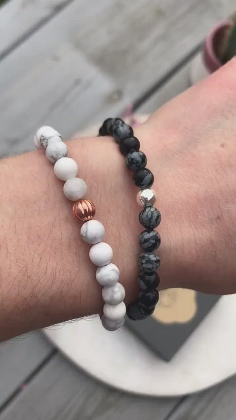 Protection and Calming Yin and Yang Bracelet Set - Howlite and Silver and Snowflake Obsdian and Copper