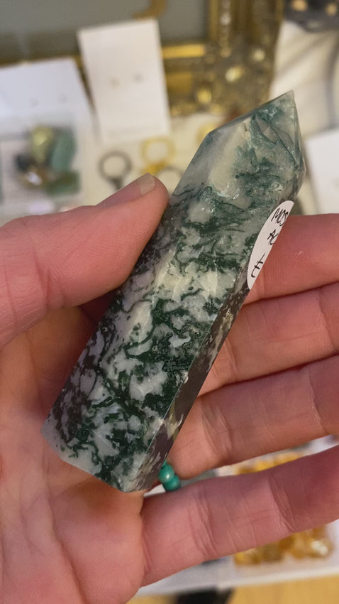 Moss Agate Tower - Crystal Point Plant Lovers Gift