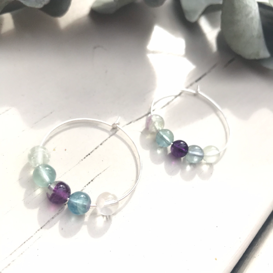 Fluorite Gemstone Earrings - Sterling Silver Hoops