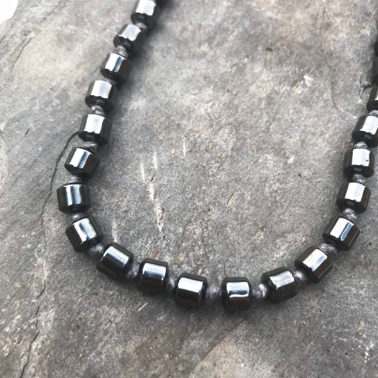 Men’s Jewellery Hematite Crystal Necklace - Grey Waxed Cotton and Sterling Silver Gemstone Necklace - 19” Length