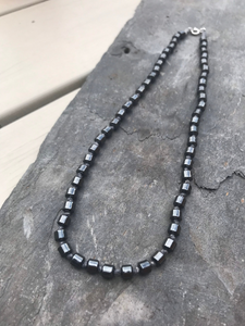 Men’s Jewellery Hematite Crystal Necklace - Grey Waxed Cotton and Sterling Silver Gemstone Necklace - 19” Length