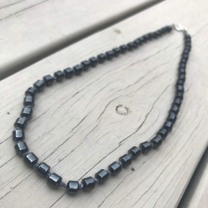 Men’s Jewellery Hematite Crystal Necklace - Grey Waxed Cotton and Sterling Silver Gemstone Necklace - 19” Length