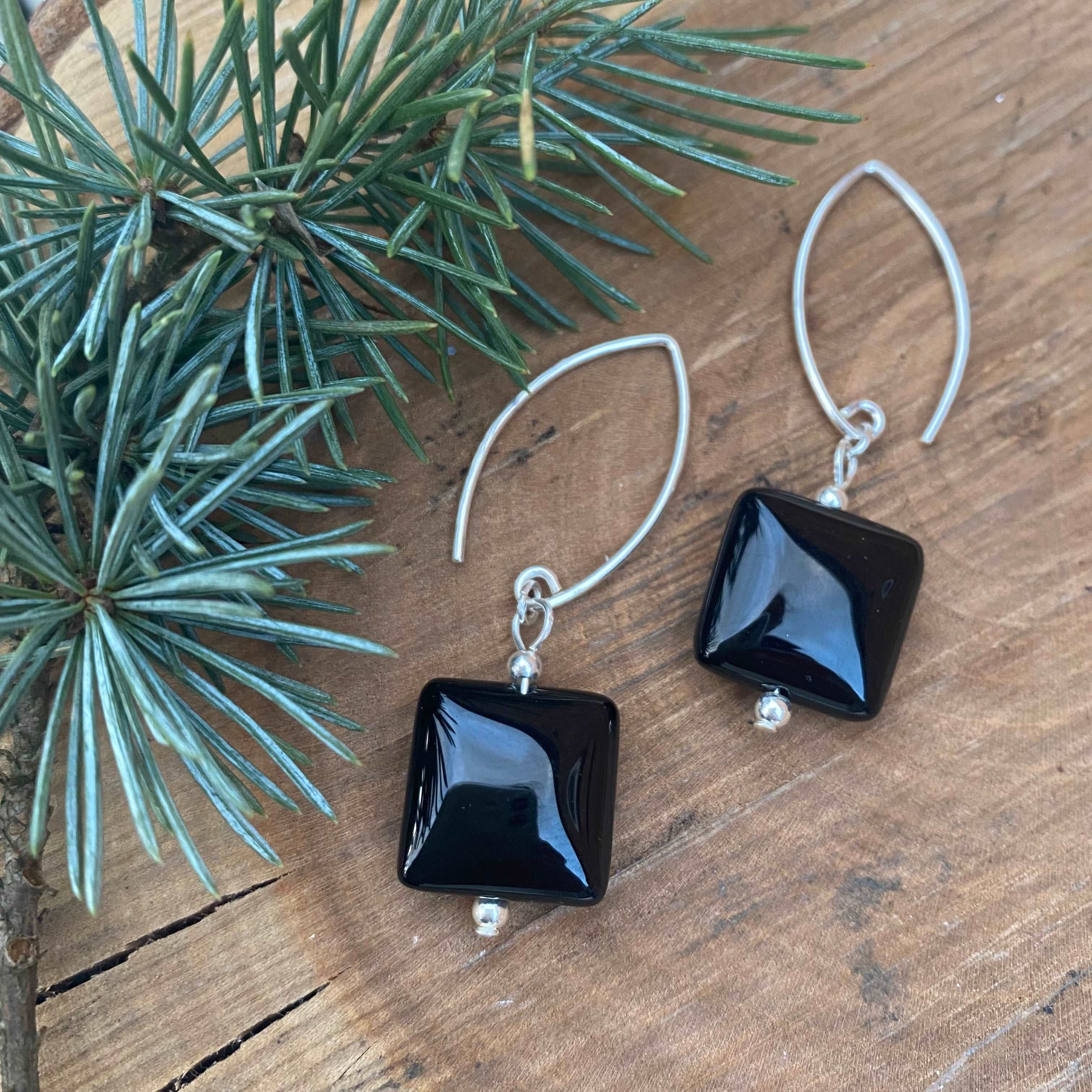 Black Onyx Gemstone Earrings - Chunky Square Beads