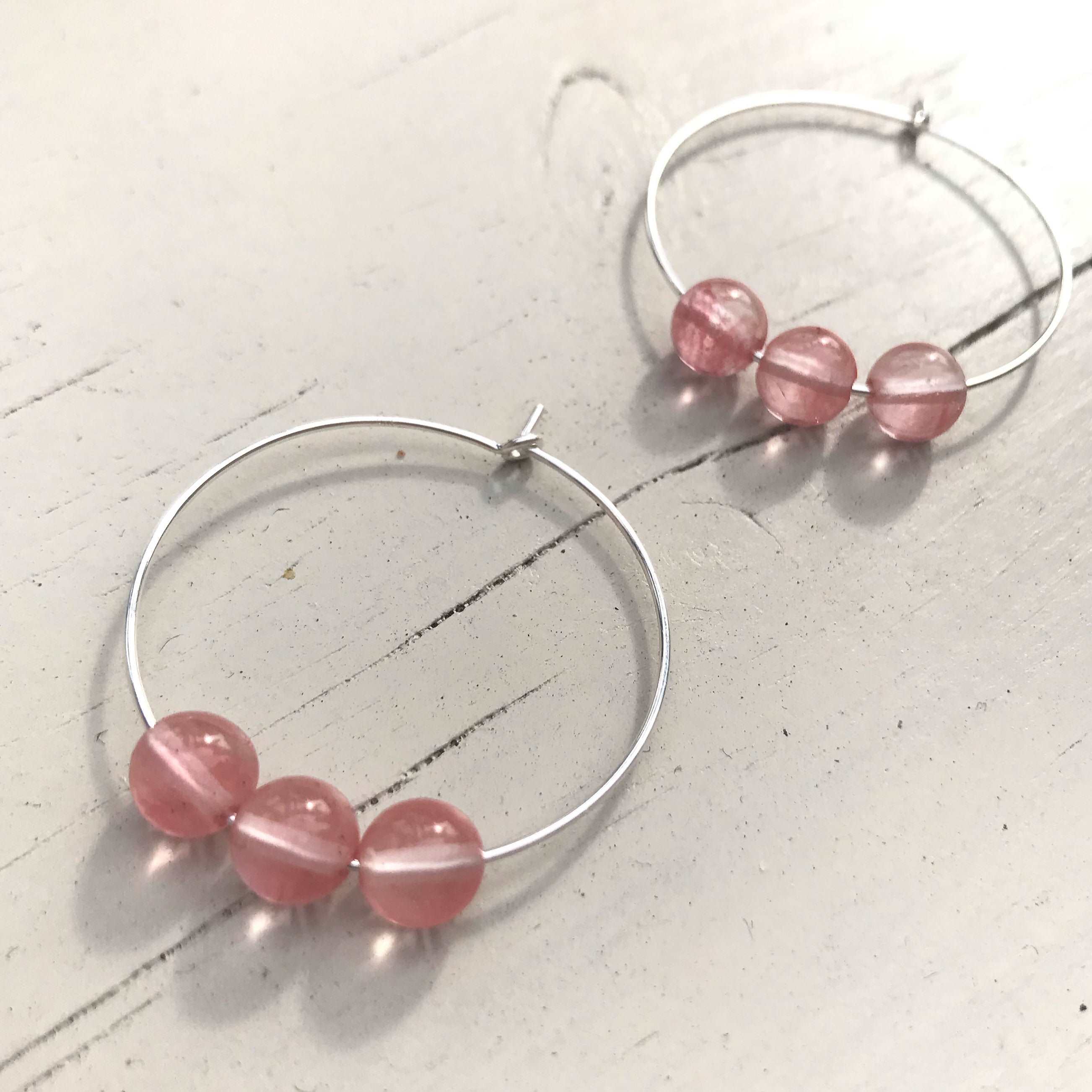 Cherry Quartz Gemstone Earrings - Sterling Silver Hoops - Heart Chakra