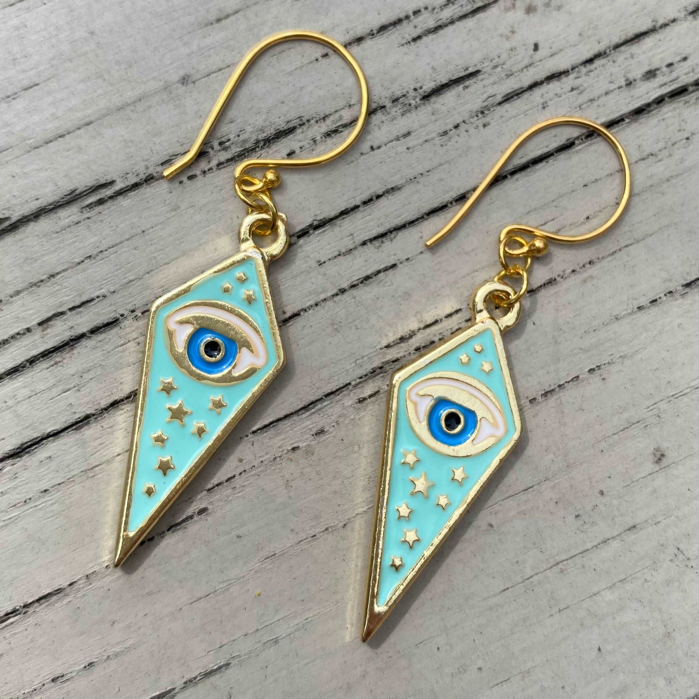 Quirky Unusual Evil Eye Earrings - Gold and Aqua