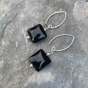 Black Onyx Gemstone Earrings - Chunky Square Beads