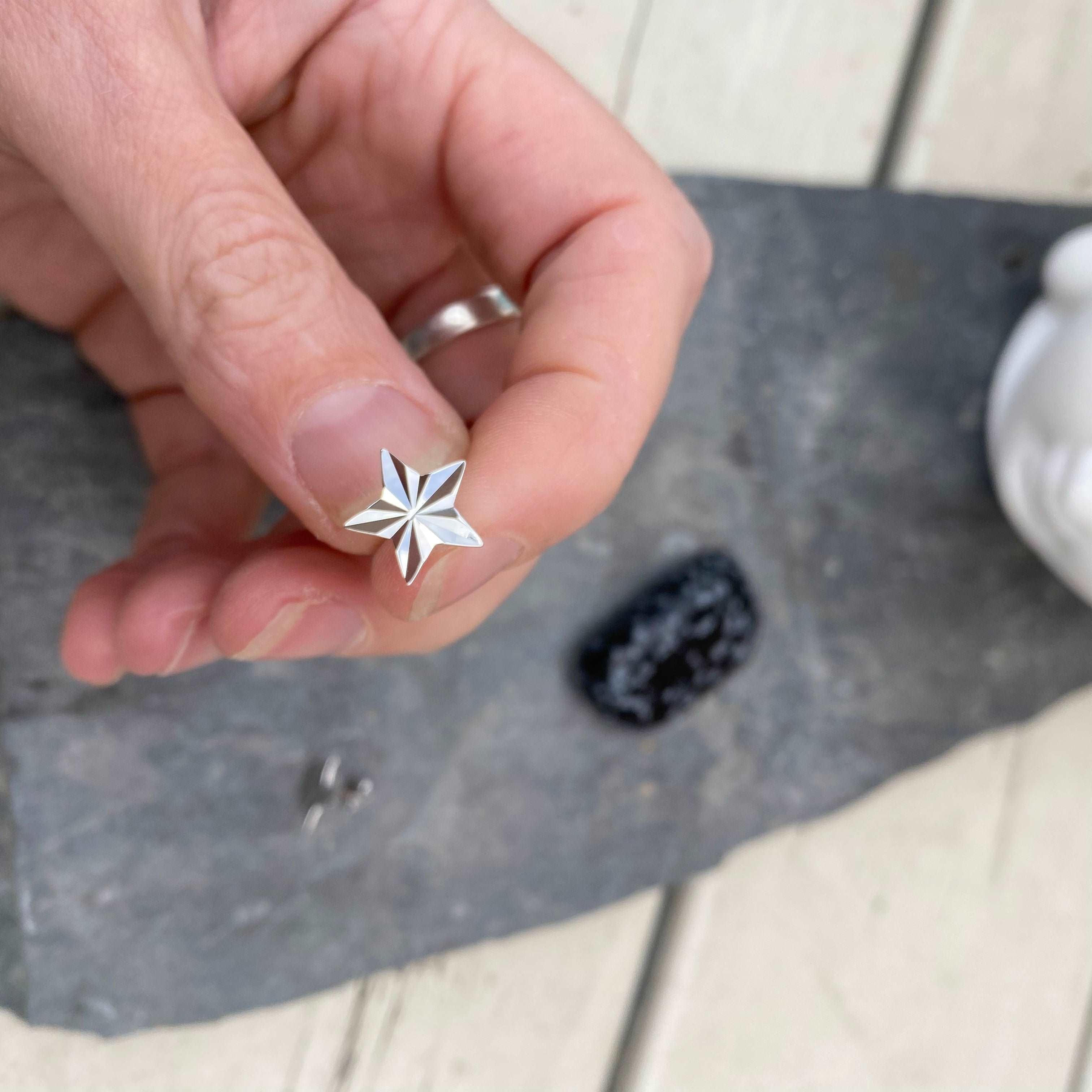 Diamond Cut Star Stud Earrings - Sterling Silver