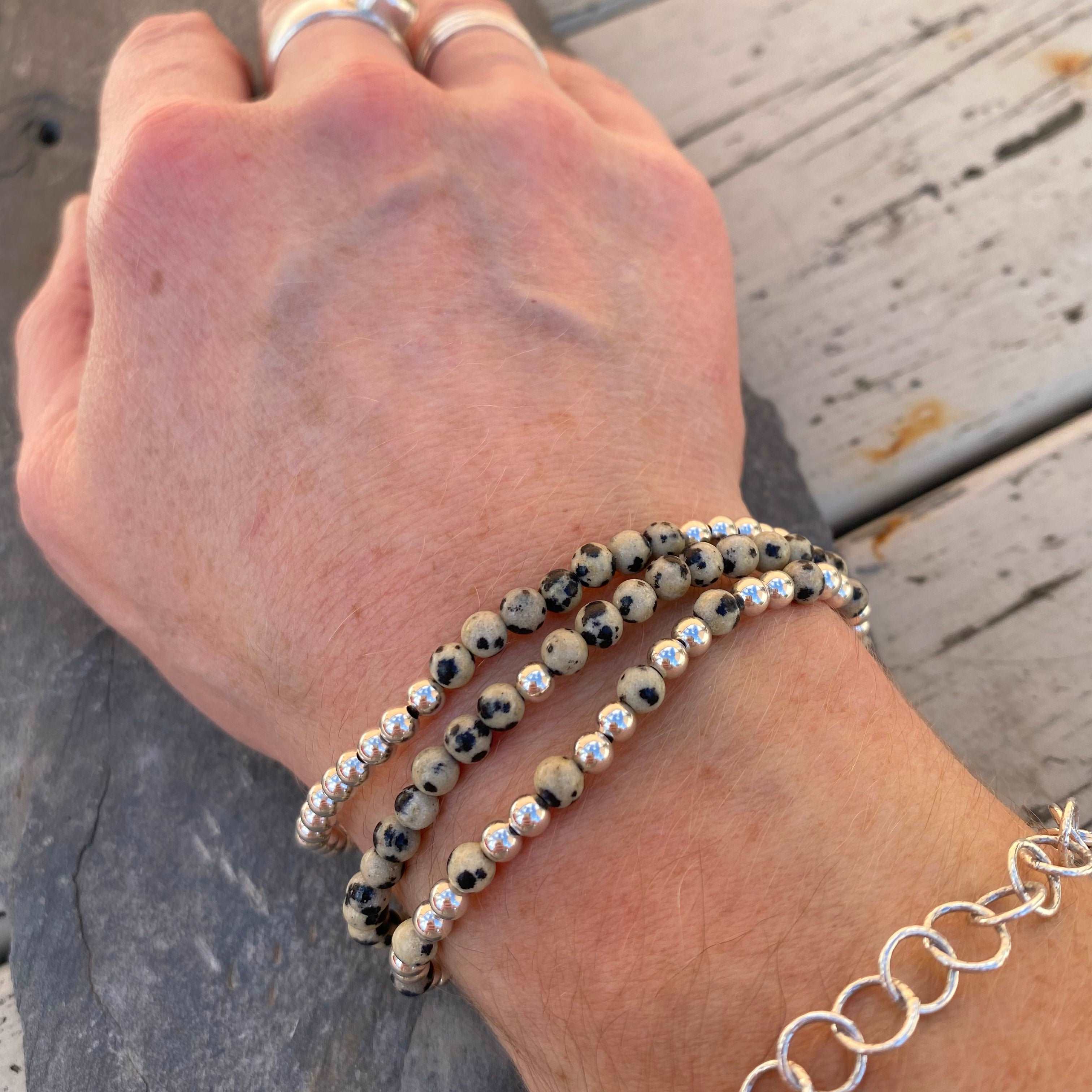 Dalmatian Jasper Stacking Bracelet Set - Sterling Silver