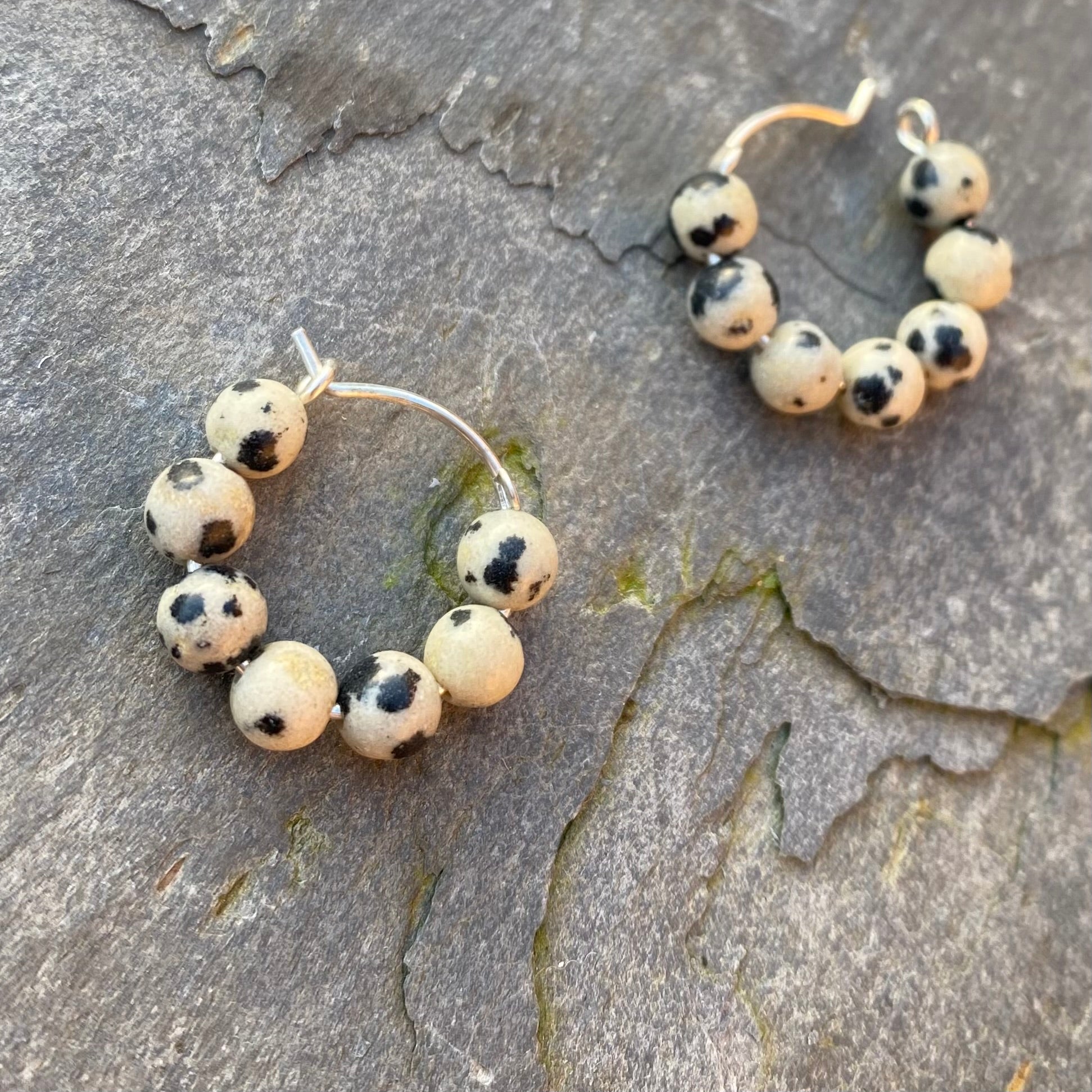 Dalmatian Jasper and Sterling Silver Huggies - Small Hoop Earrings