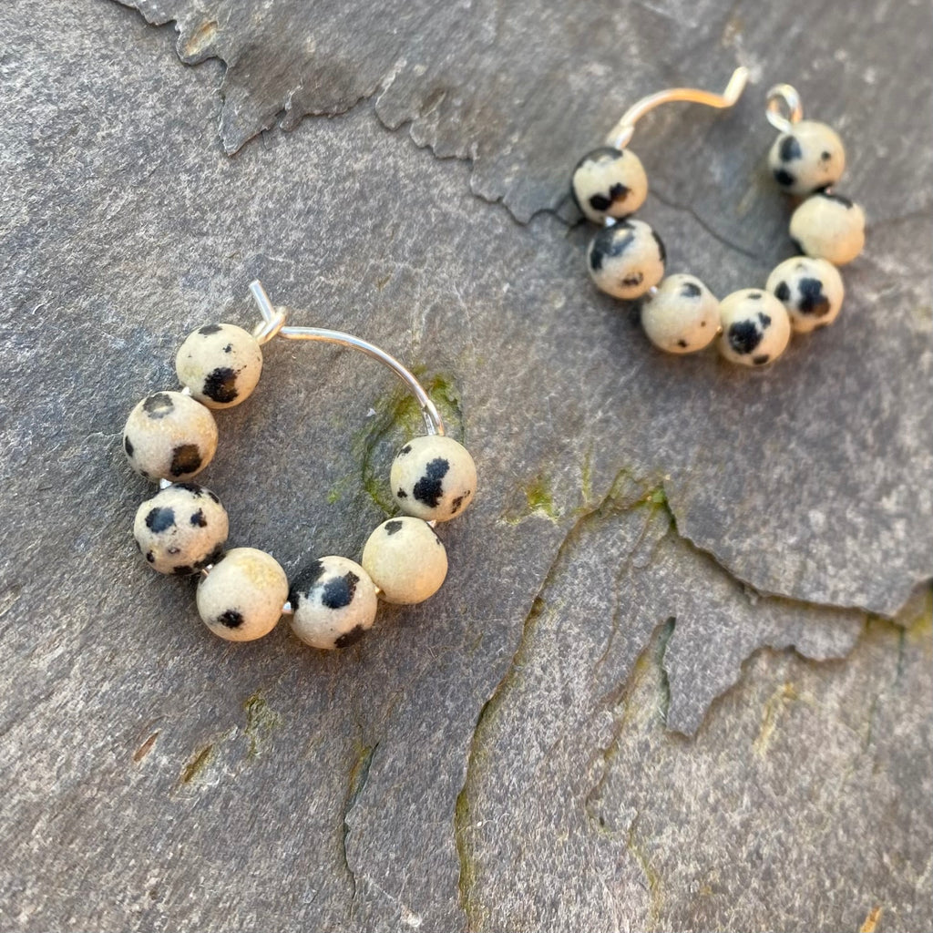 Dalmatian Jasper and Sterling Silver Huggies - Small Hoop Earrings