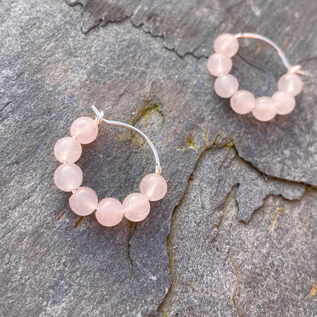 Rose Quartz and Sterling Silver Huggies - Small Hoop Earrings