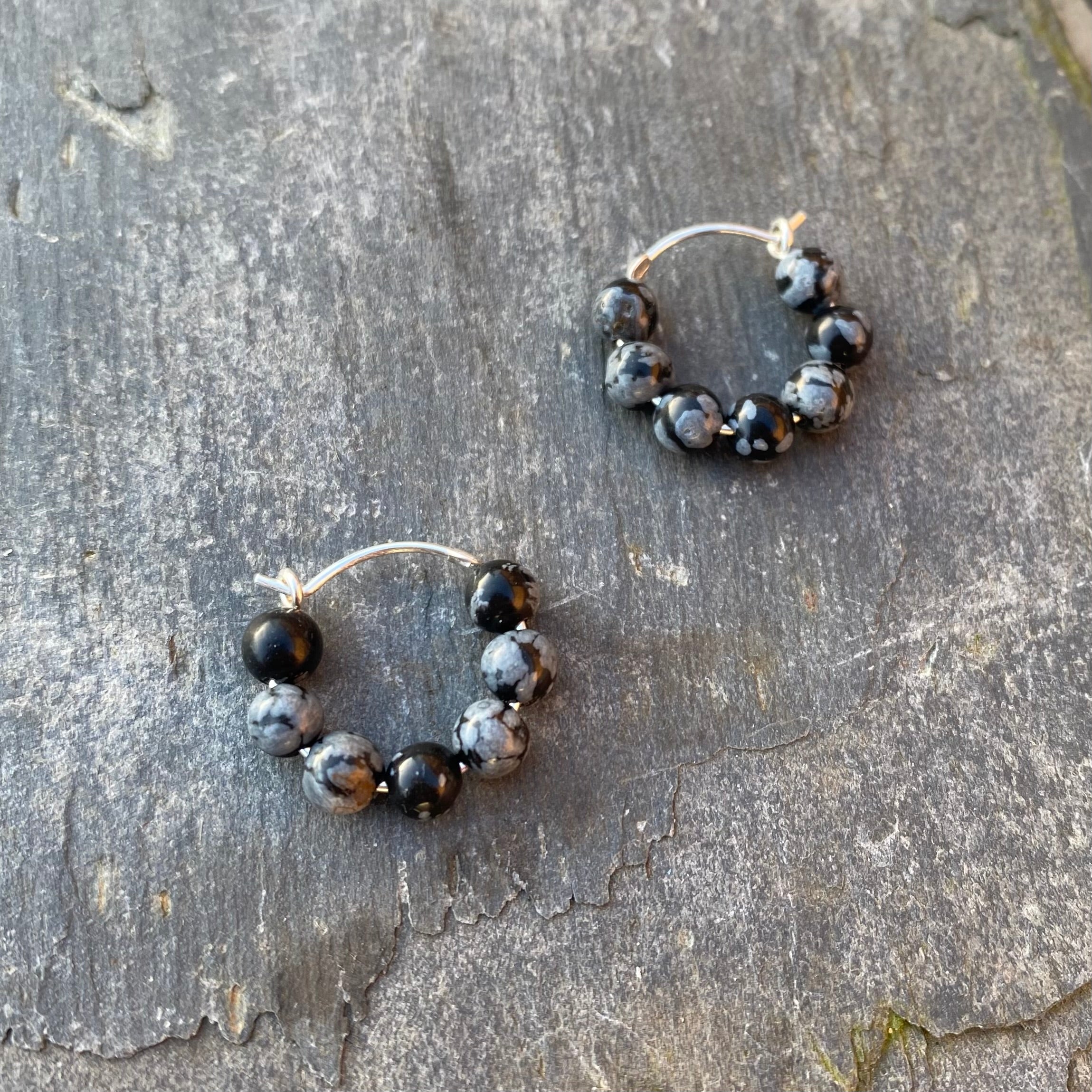 Snowflake Obsidian Silver Huggie Earrings