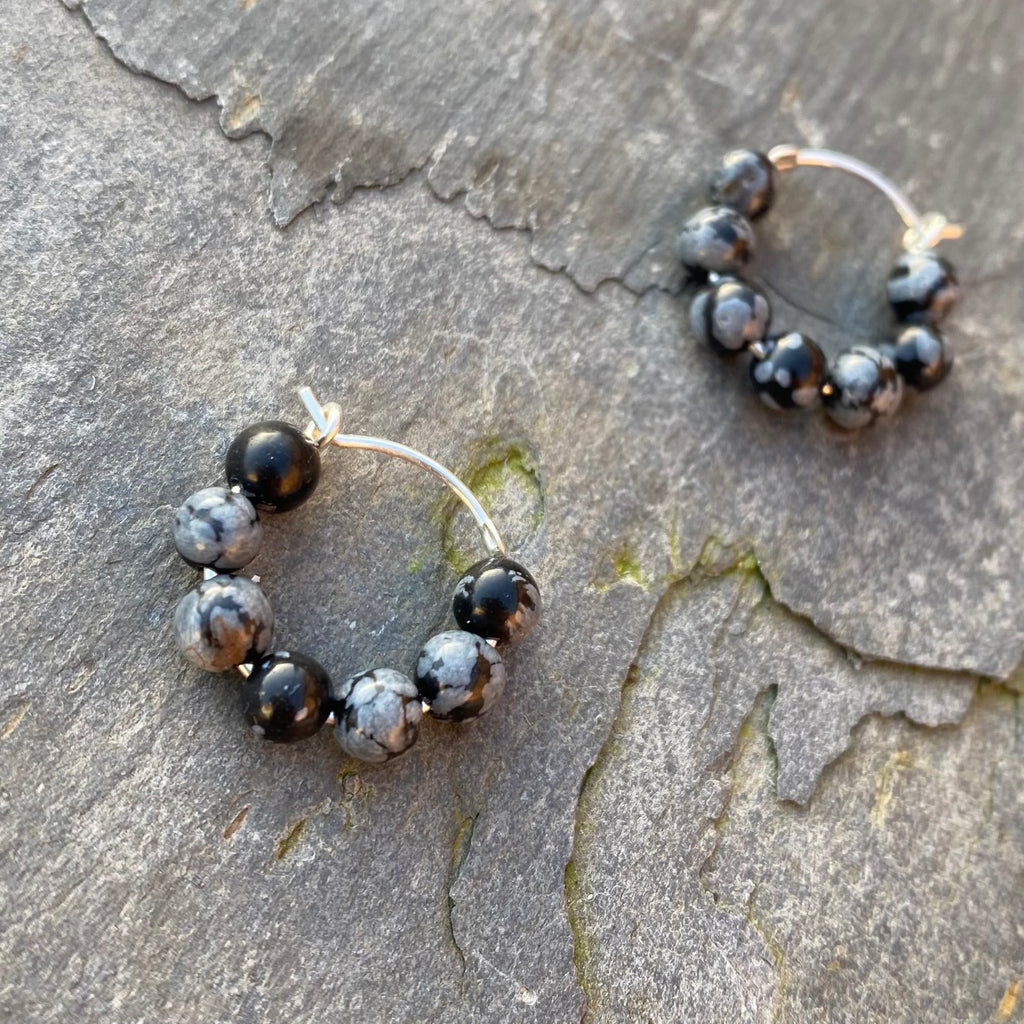 Snowflake Obsidian Silver Huggie Earrings