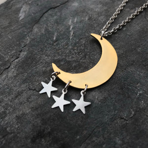 Moon and Stars Jewellery Celestial Necklace - Gold and Sterling Silver Pendant