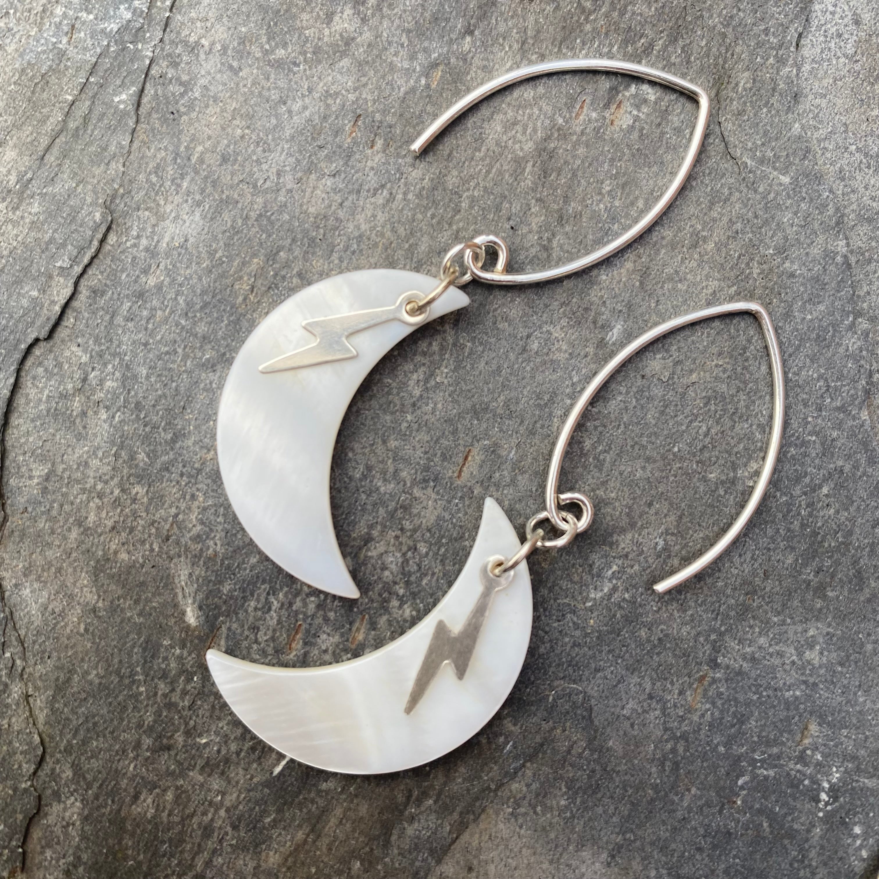 Moon and Lightning Earrings - Mother of Pearl and Sterling Silver Jewellery