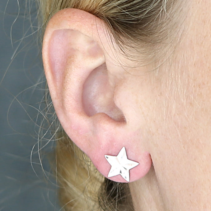 Diamond Cut Star Stud Earrings - Sterling Silver